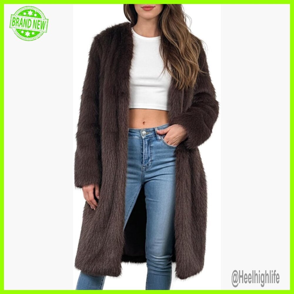 Long Faux Fur Coat Winter Jacket Plus Size Pockets Trench Silhouette